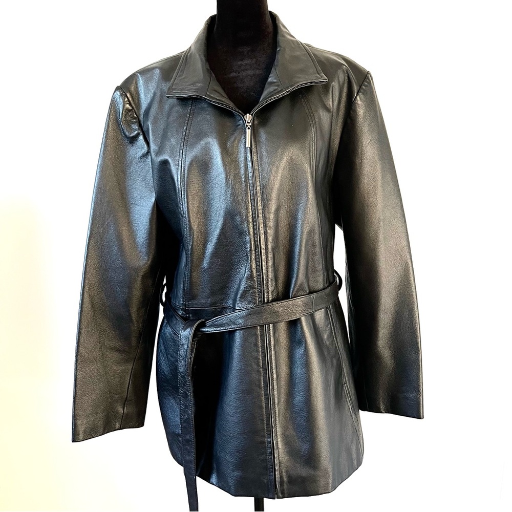 Vintage Y2K Worthington Black Leather Jacket Coat Zipper Belted Classic Size XL